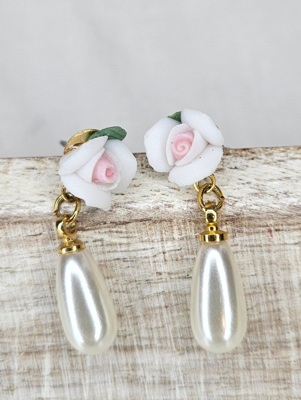 1928 Jewelry Pink Porcelain Rose Faux Pearl Drop Earrings Vintage Style